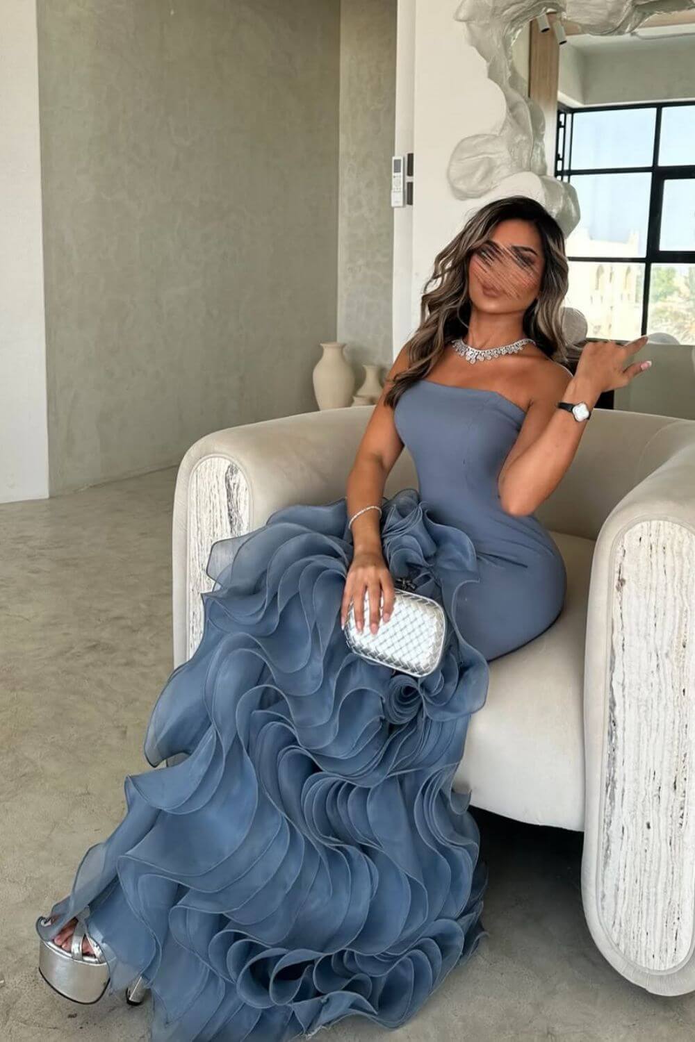 Strapless Sleeveless Long Mermaid Evening Formal Dress With Tulle Ruffled
