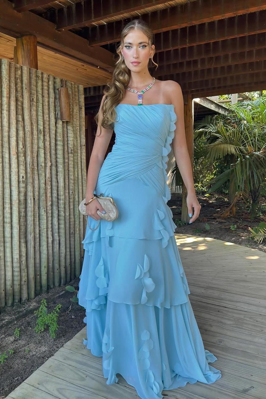 Strapless Sleeveless Long Pleated Evening Formal Dress With Ruffled HF0004