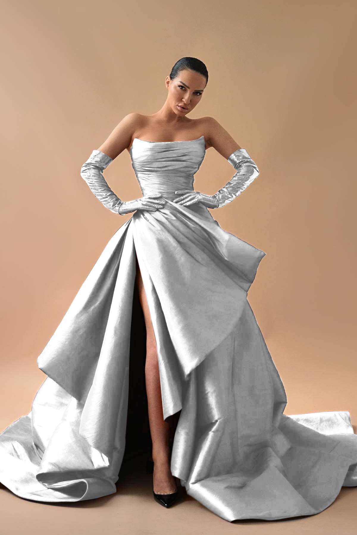 Strapless Sleeveless Long Split Evening Formal Dress Pleated