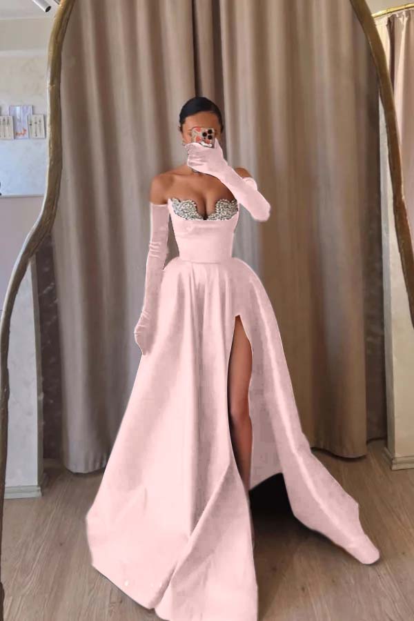 Strapless Sleeveless Long Split Evening Formal Dress With Beading Long Gloves
