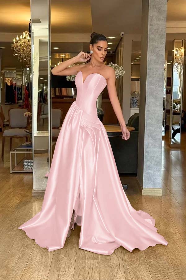 Strapless Sleeveless Long Split Evening Formal Dress With Pleated
