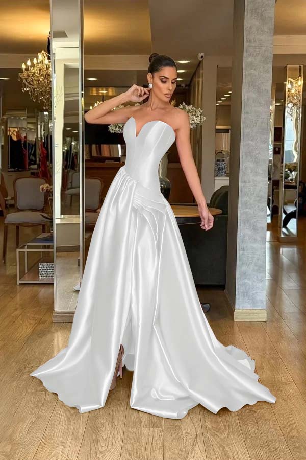 Strapless Sleeveless Long Split Evening Formal Dress With Pleated