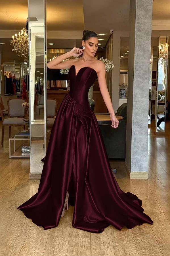 Strapless Sleeveless Long Split Evening Formal Dress With Pleated