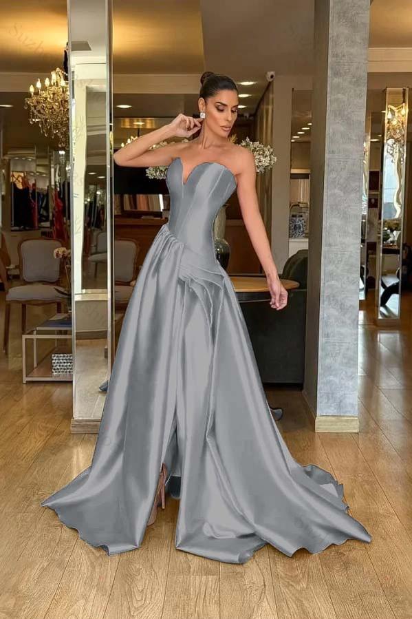 Strapless Sleeveless Long Split Evening Formal Dress With Pleated