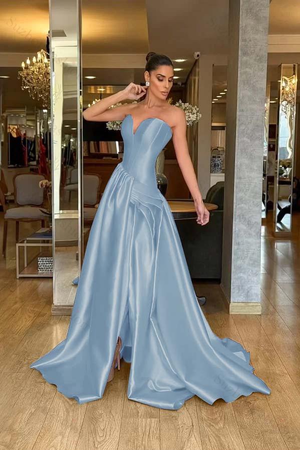 Strapless Sleeveless Long Split Evening Formal Dress With Pleated