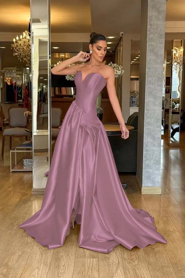 Strapless Sleeveless Long Split Evening Formal Dress With Pleated
