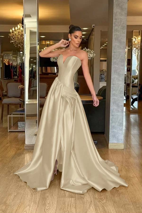 Strapless Sleeveless Long Split Evening Formal Dress With Pleated