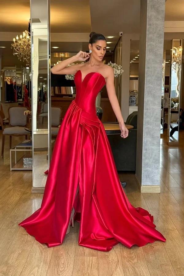 Strapless Sleeveless Long Split Evening Formal Dress With Pleated