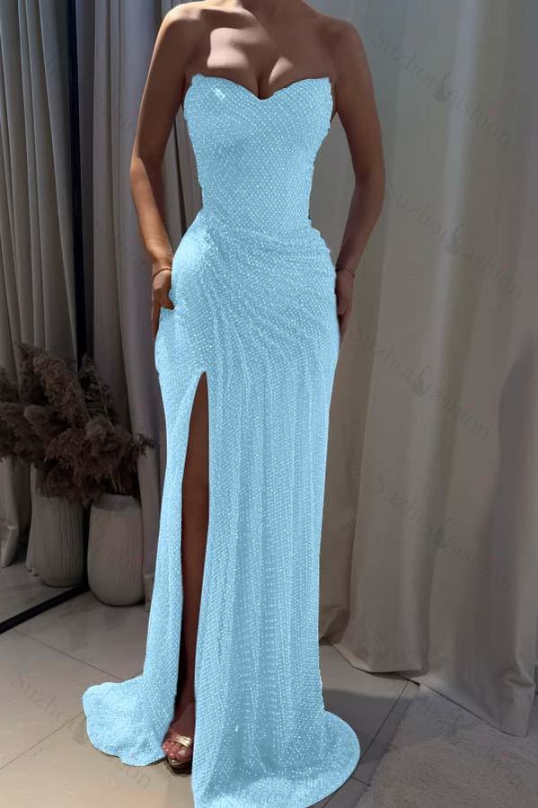 Strapless Sleeveless Mermaid Long Evening Formal Dress With Split Pleated