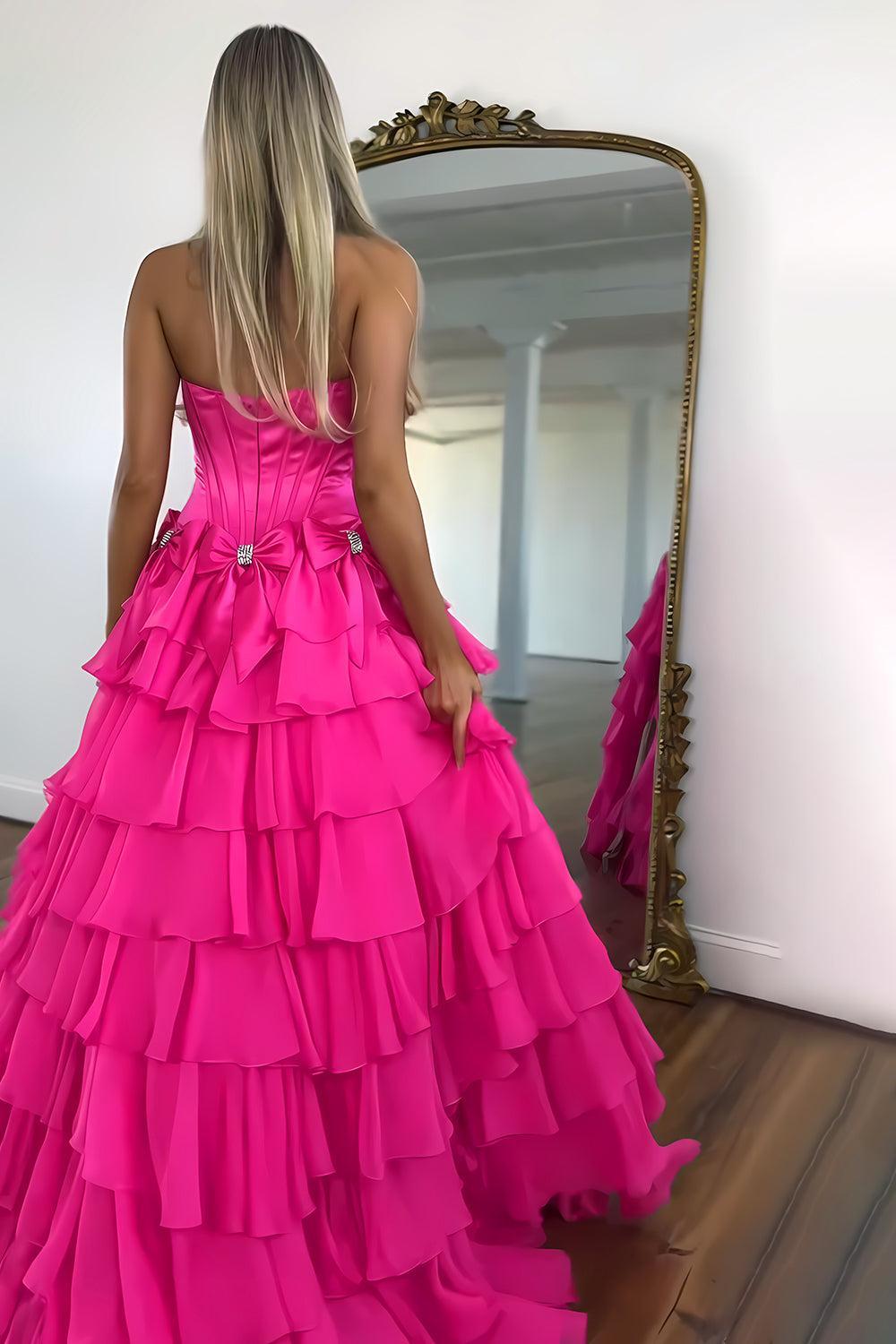 Suzhoufashion Strapless Tiered Princess A-Line Prom Dress With Slit And Bow Formal Evening Gown