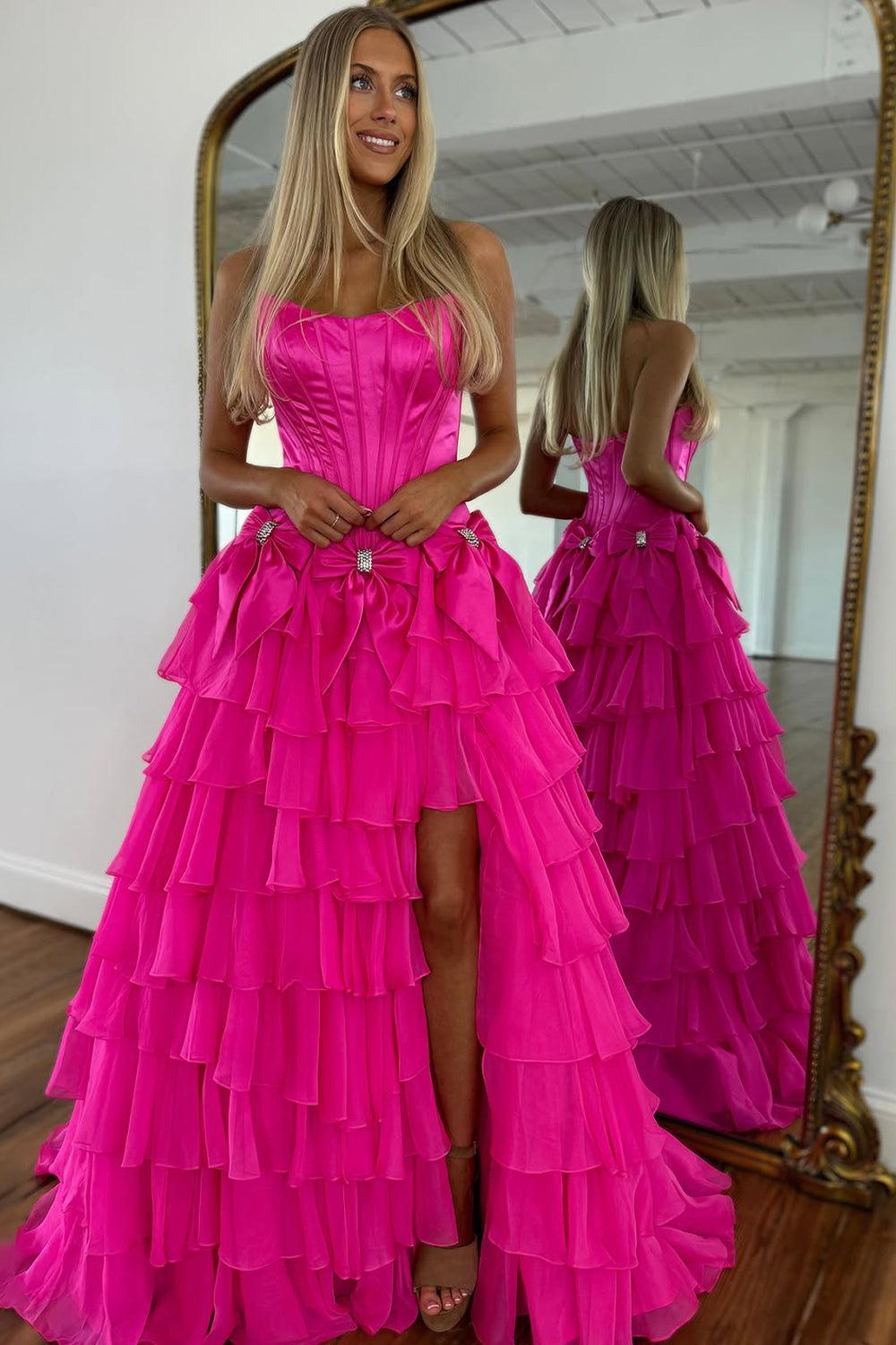 Suzhoufashion Strapless Tiered Princess A-Line Prom Dress With Slit And Bow Formal Evening Gown