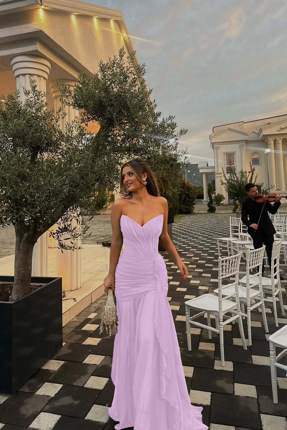 Strapless V Neck Sleeveless Long Evening Formal Dress With Pleated Ruffle