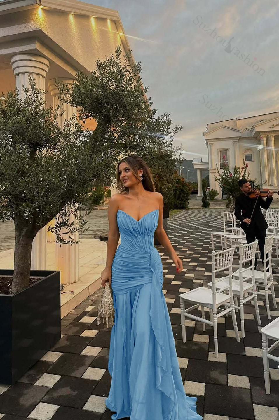 Strapless V Neck Sleeveless Long Evening Formal Dress With Pleated Ruffle