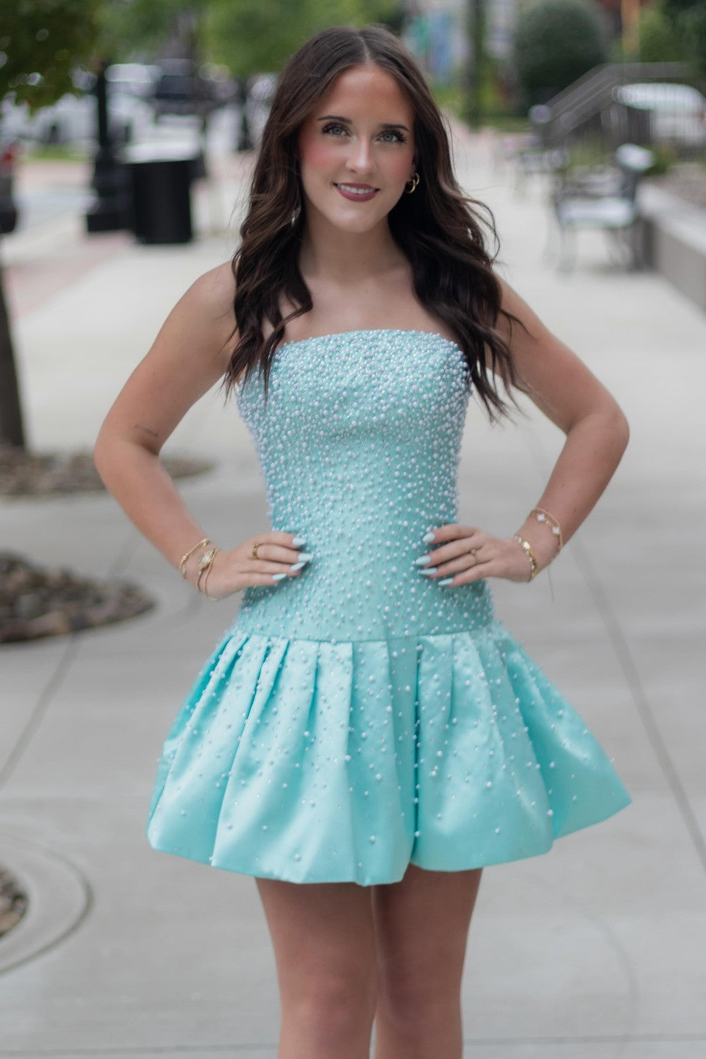 Strapless Aqua Blue Pearl Homecoming Dress with Beaded Bodice and Bubble Skirt