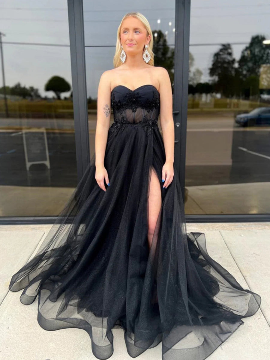 Strapless Black Tulle Long Prom Dresses with Slit - VelvetHem