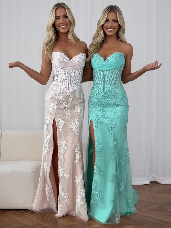 Strapless Corset Lace Prom Dress with Thigh-High Slit - VelvetHem