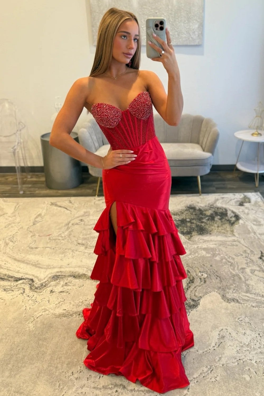 Stylish Mermaid Sweetheart Red Corset Prom Dress with Beading Ruffles