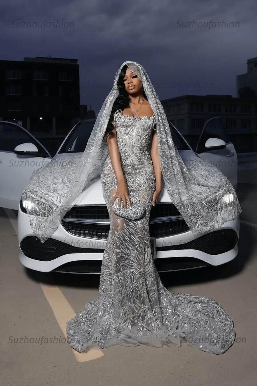Strapless Silver Prom Dress Sequined Tulle Mermaid Formal Evening Dress
