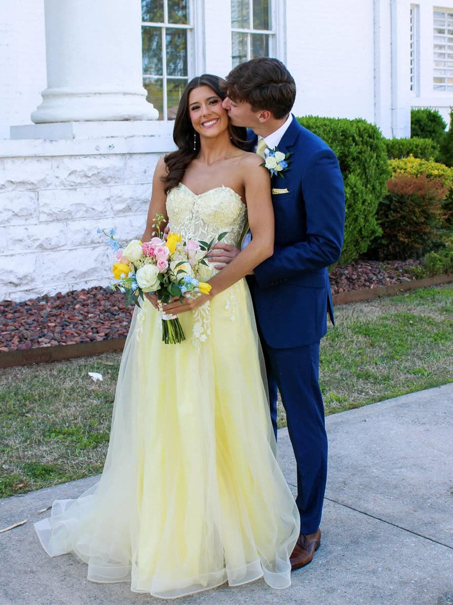 Strapless Lace Appliques Long Prom Dress with Slit - VelvetHem