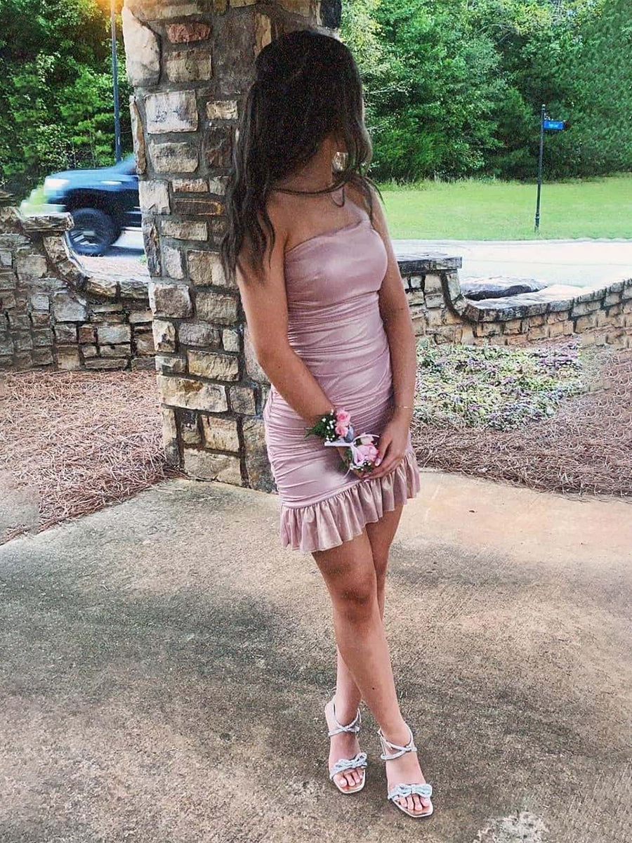 Strapless Tight Mini Homecoming Dress with Ruffles - VelvetHem