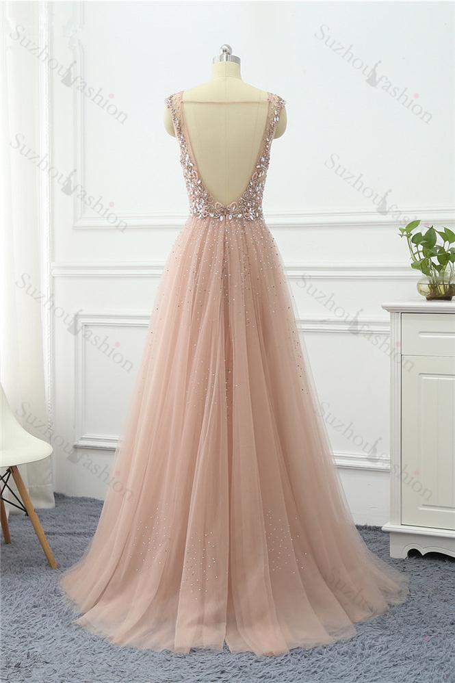 Straps Prom Dress V Neck Sleeveless Tulle A Line Evening Formal Dress Long With Beading