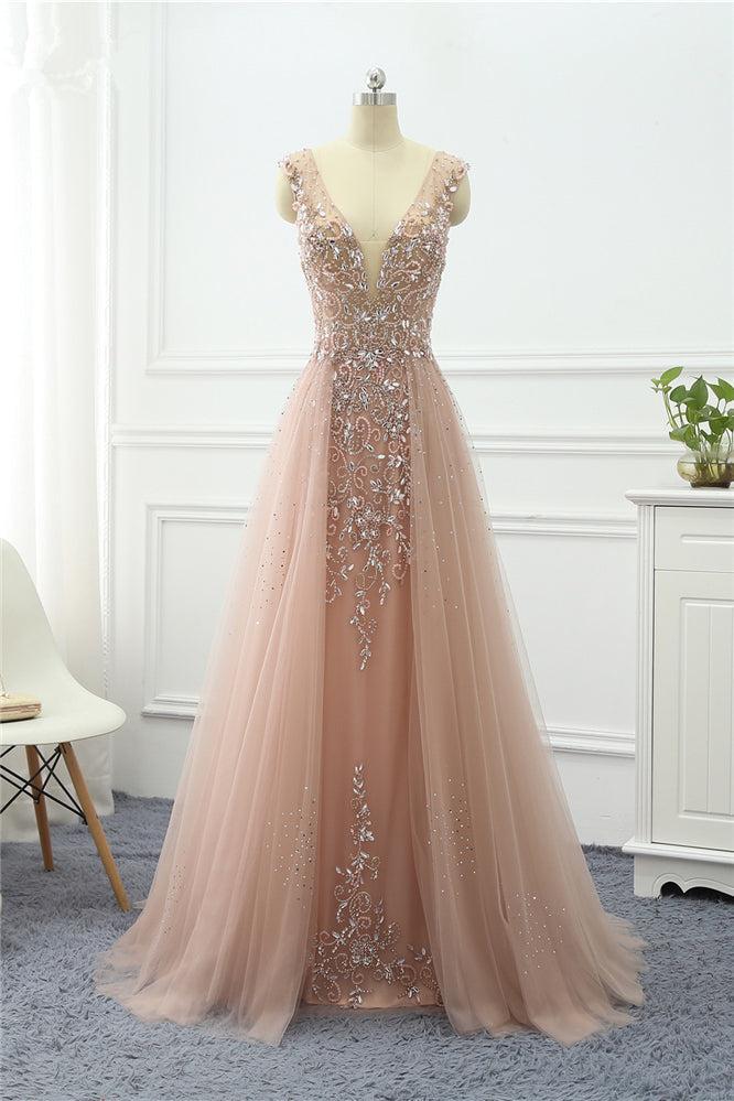 Straps Prom Dress V Neck Sleeveless Tulle A Line Evening Formal Dress Long With Beading