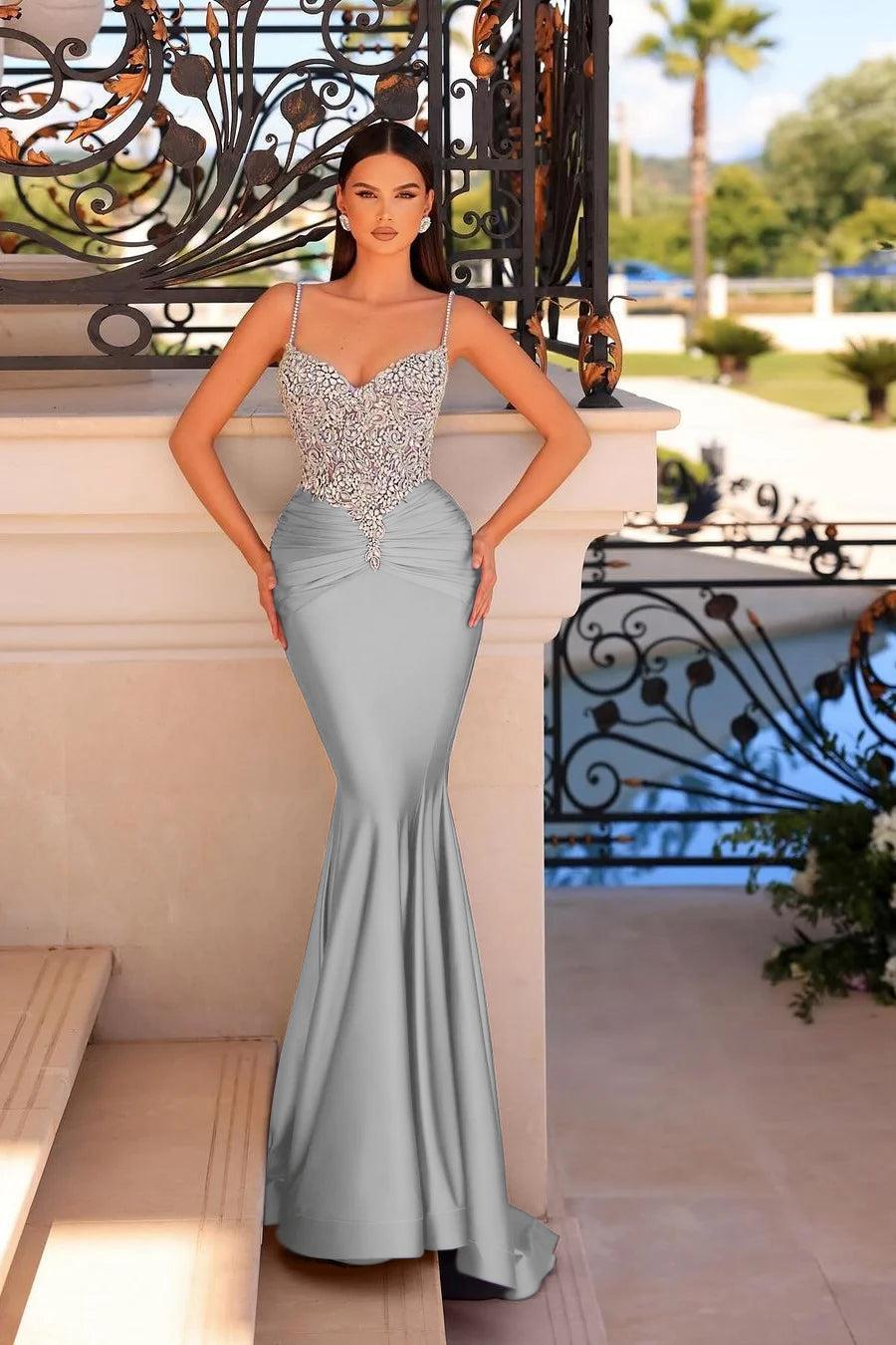 Straps Sleeveless Beading Mermaid Long Evening Formal Dress With Pleated