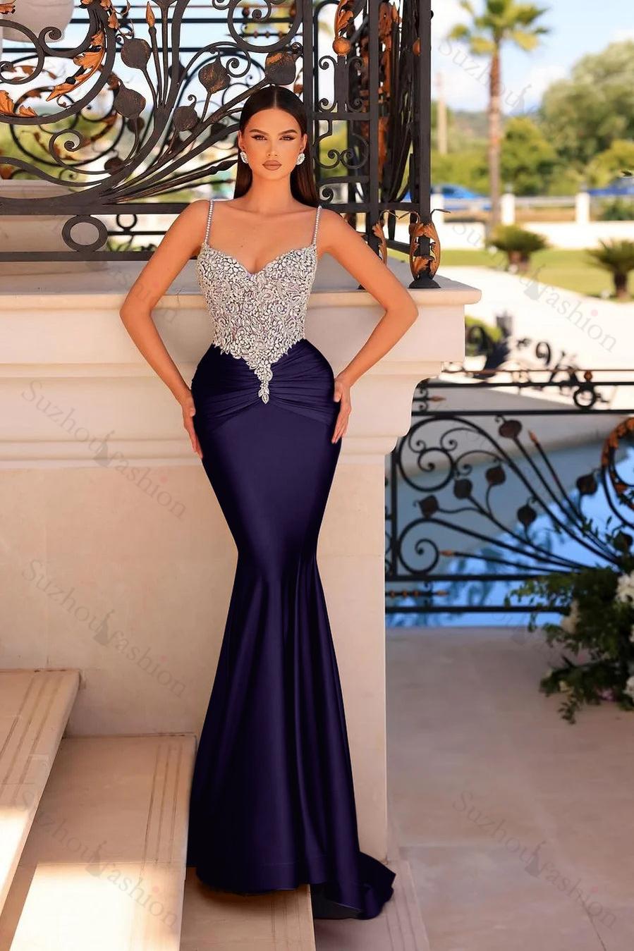 Straps Sleeveless Beading Mermaid Long Evening Formal Dress With Pleated