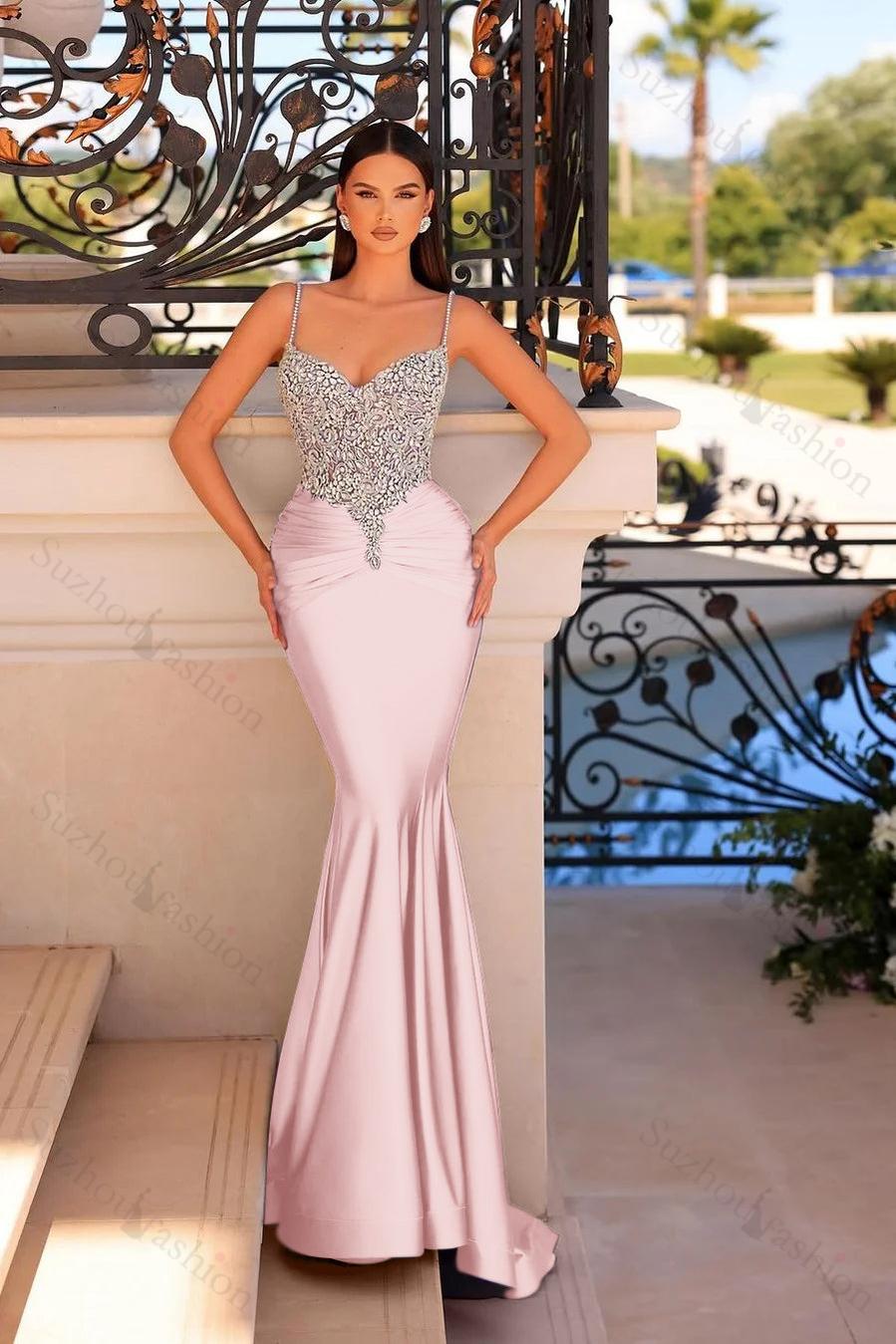 Straps Sleeveless Beading Mermaid Long Evening Formal Dress With Pleated