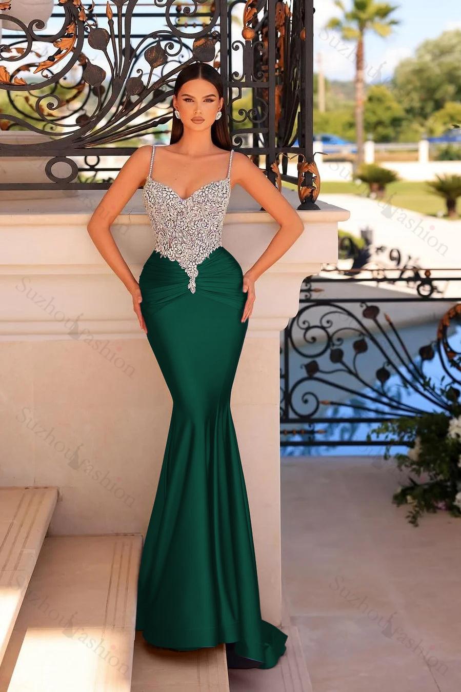 Straps Sleeveless Beading Mermaid Long Evening Formal Dress With Pleated