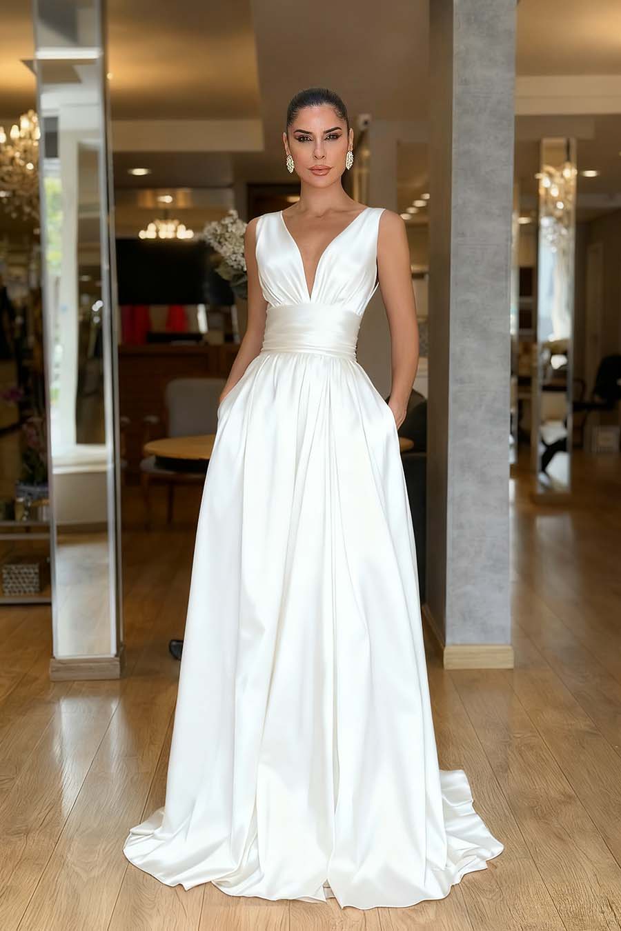 Straps Sleeveless High Waist Long Evening Formal Dress With Pockets Pleated