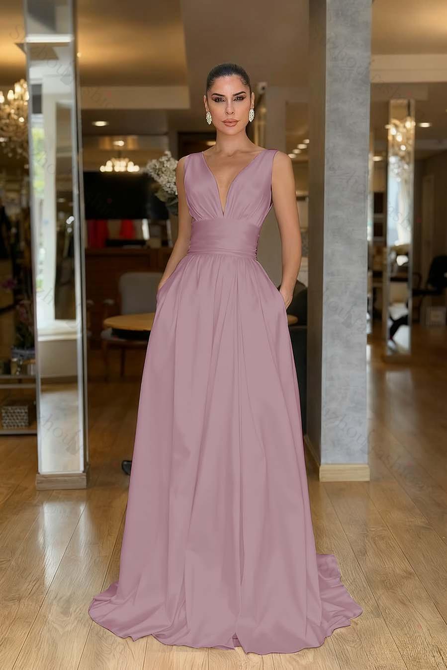 Straps Sleeveless High Waist Long Evening Formal Dress With Pockets Pleated