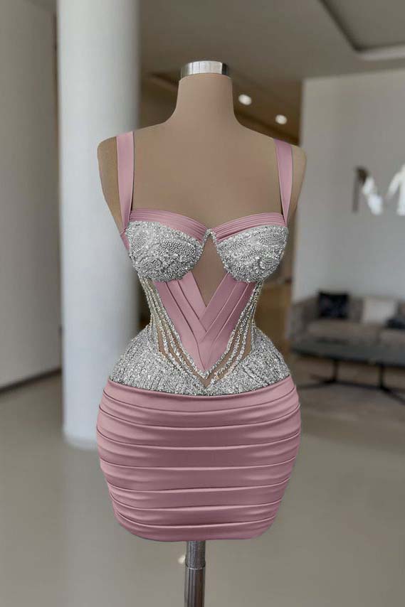 Straps Sleeveless Short Homecoming Dress With Pleated Beading