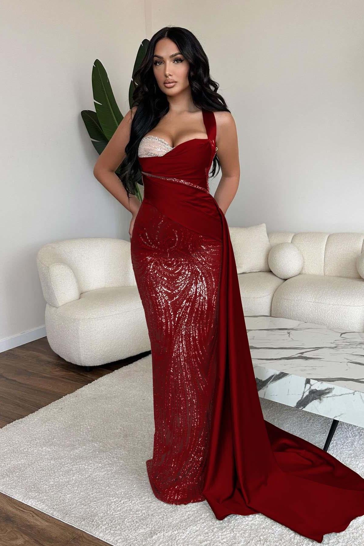 Straps Sweetheart Sleeveless Long Mermaid Evening Formal Dress With Sequined