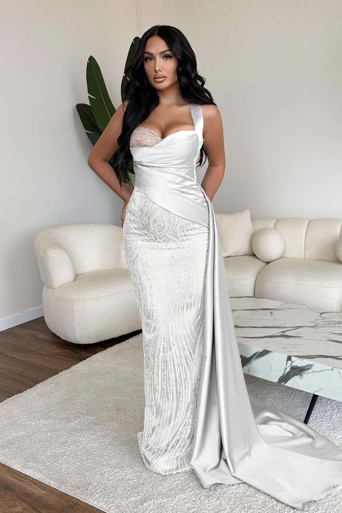 Straps Sweetheart Sleeveless Long Mermaid Evening Formal Dress With Sequined