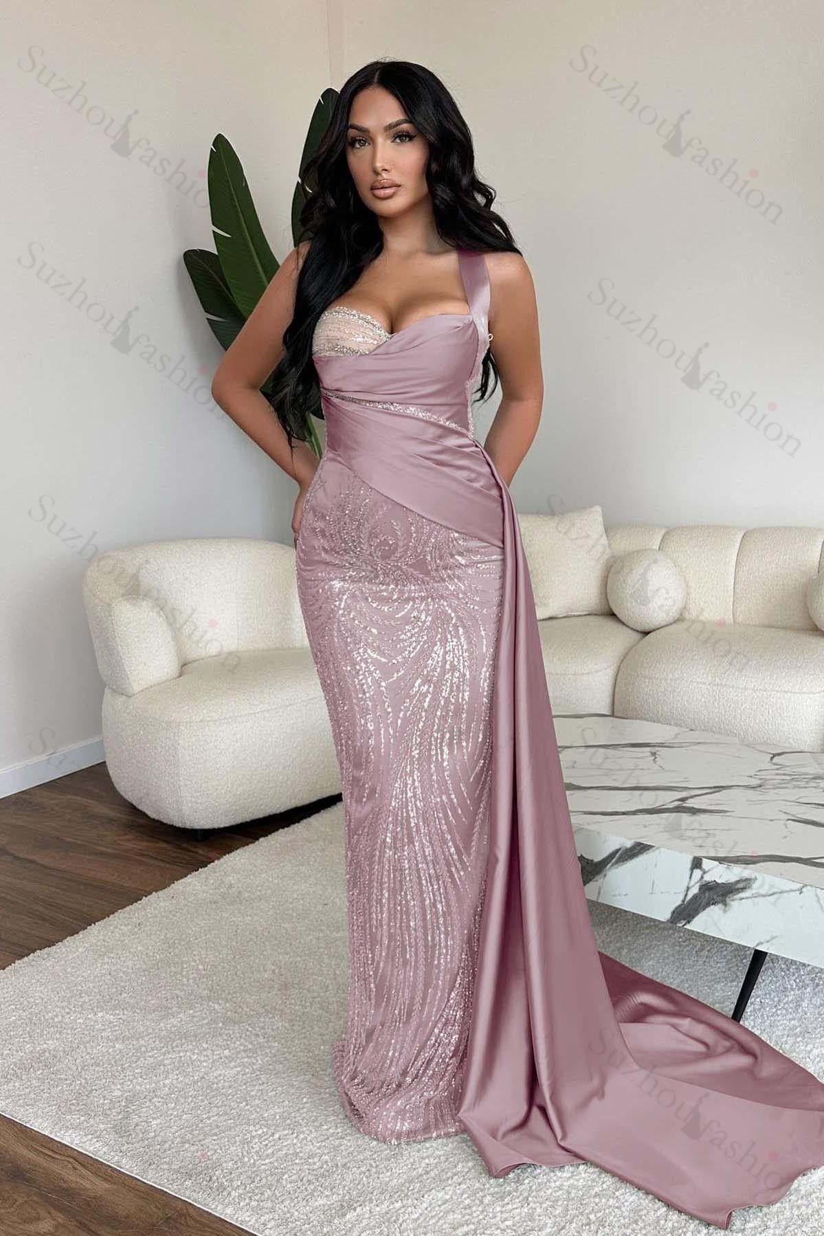 Straps Sweetheart Sleeveless Long Mermaid Evening Formal Dress With Sequined