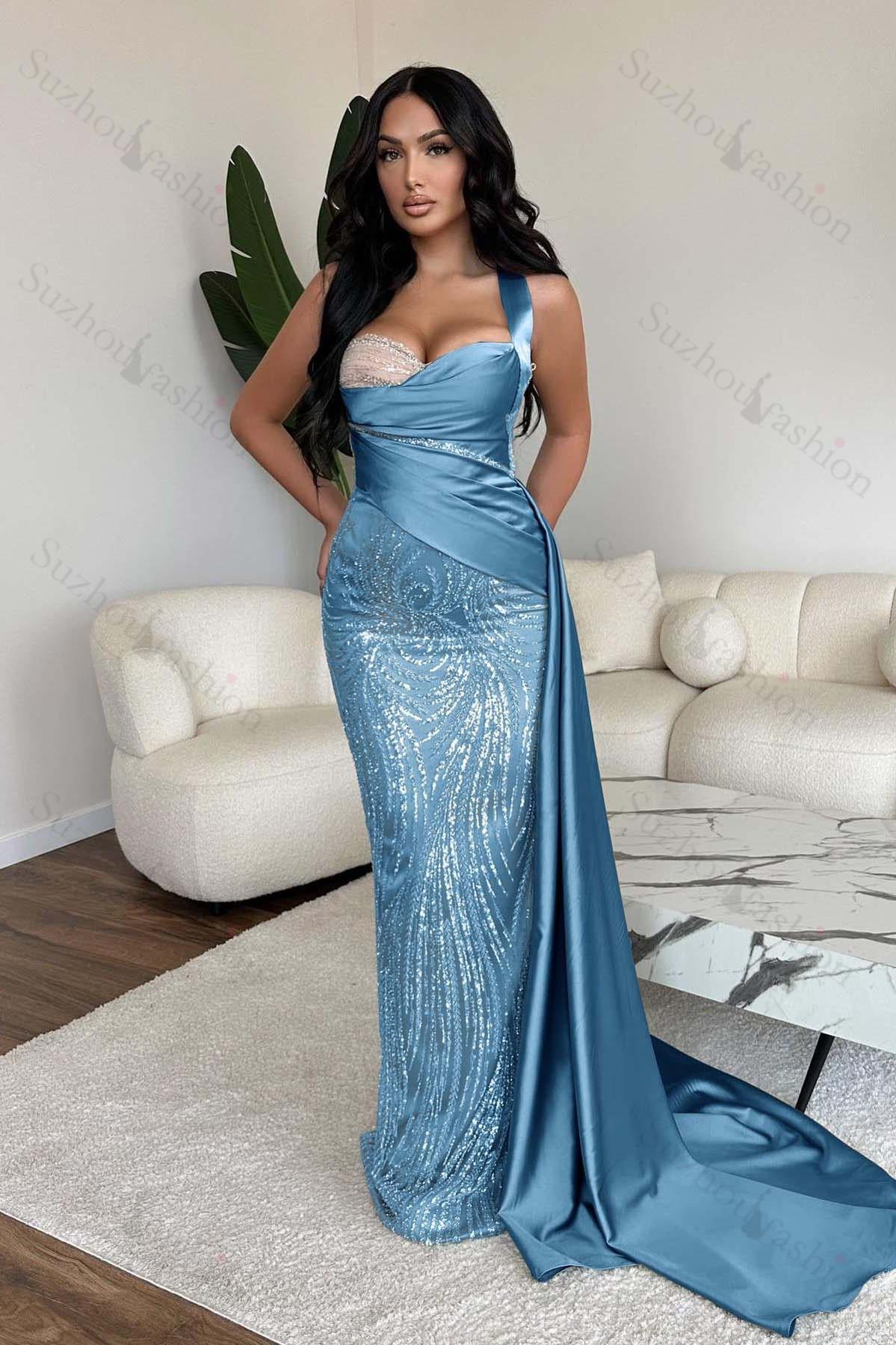 Straps Sweetheart Sleeveless Long Mermaid Evening Formal Dress With Sequined