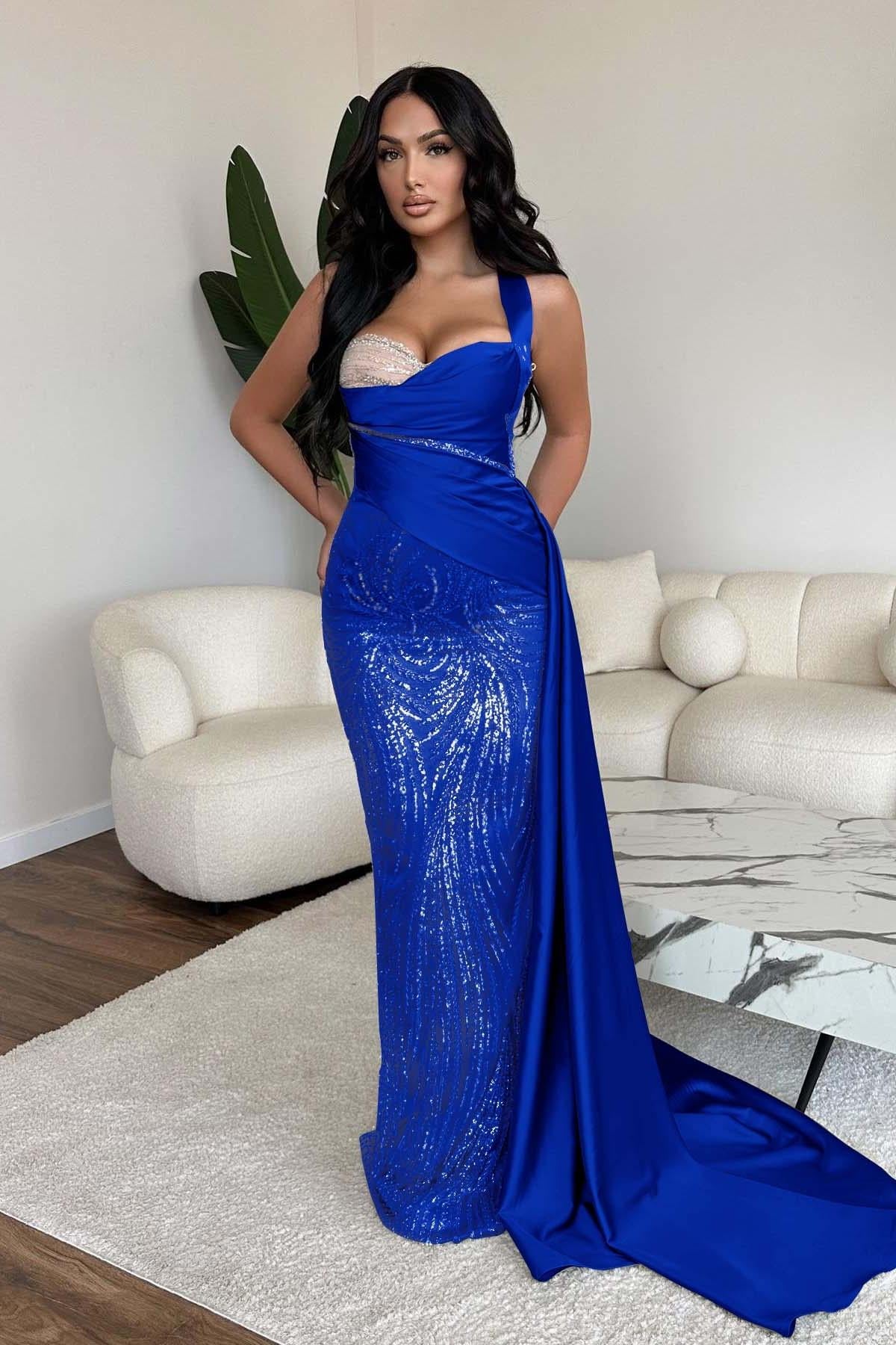 Straps Sweetheart Sleeveless Long Mermaid Evening Formal Dress With Sequined