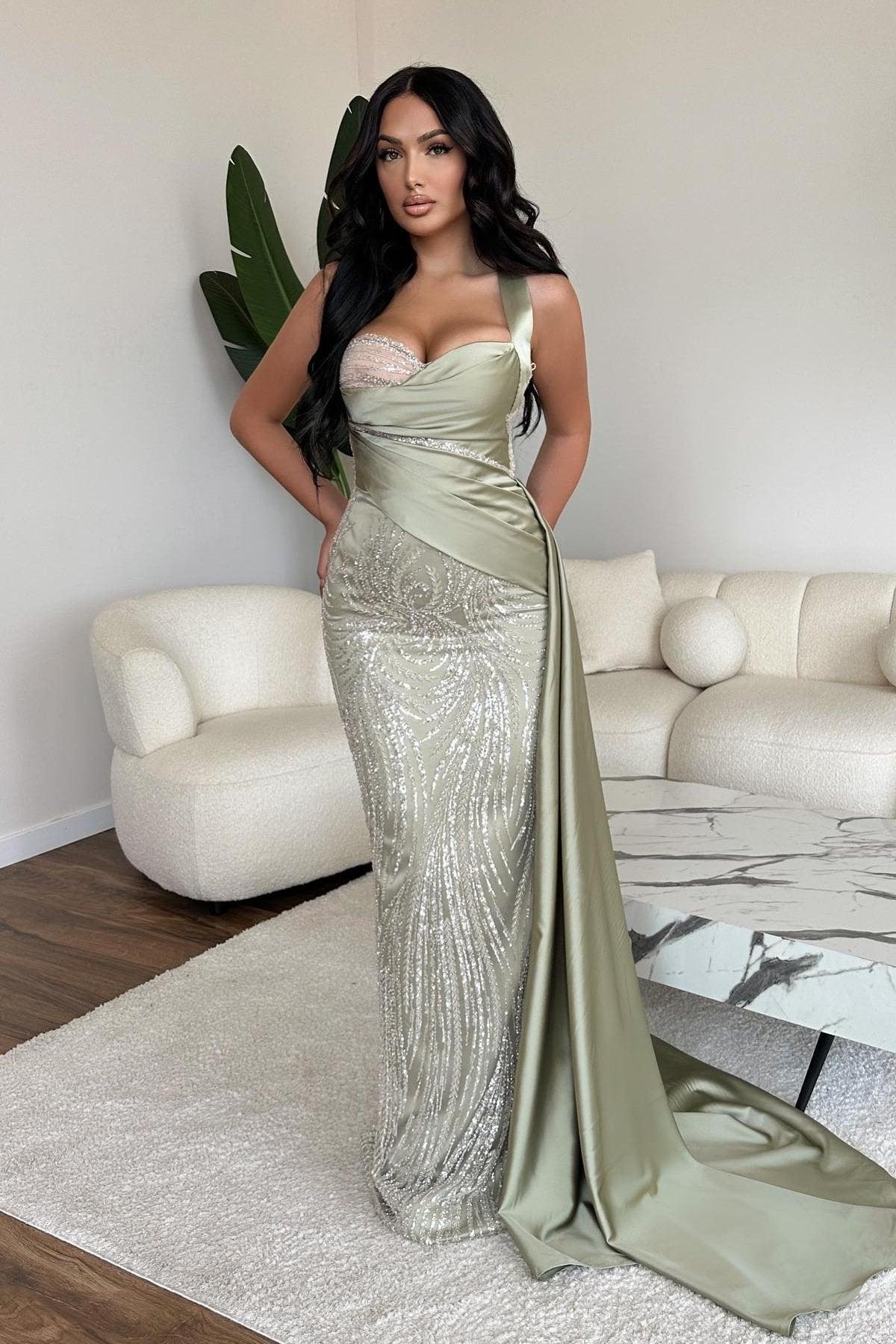 Straps Sweetheart Sleeveless Long Mermaid Evening Formal Dress With Sequined