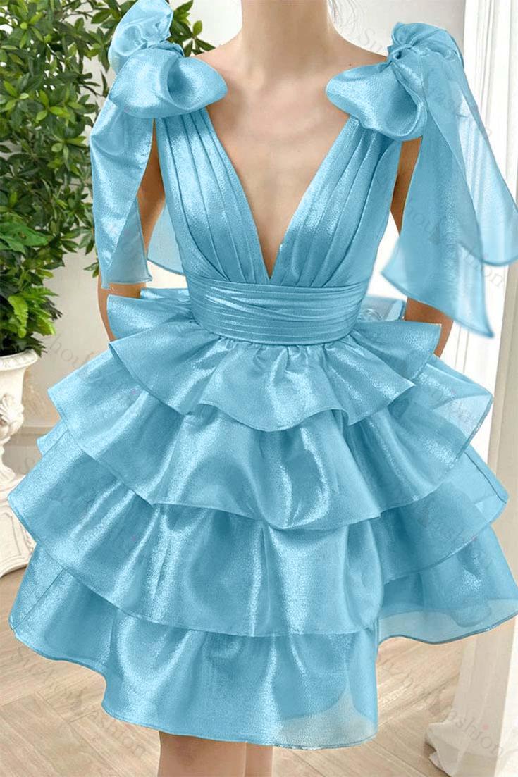 Straps V Neck Sleeveless Short Homecoming Dress With Ruffles
