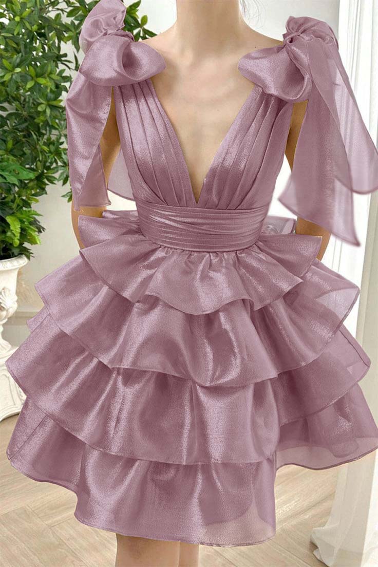 Straps V Neck Sleeveless Short Homecoming Dress With Ruffles