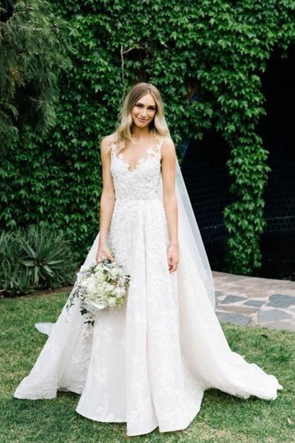 Straps V-neck Floral Beads A-line Beach Wedding Dress