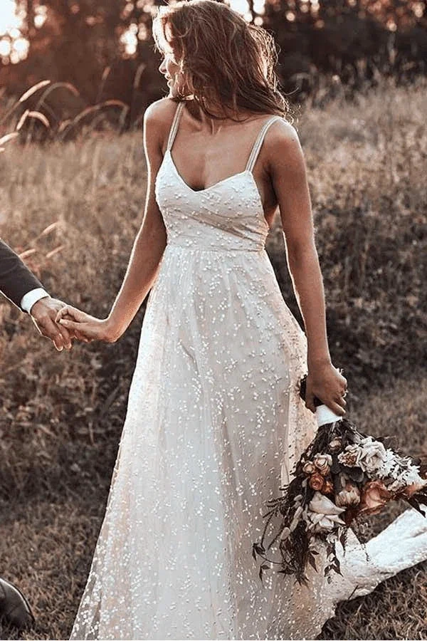 Straps Long Train A-line Lace Simple Rustic Backless Wedding Dress (ZD16243) - VelvetHem