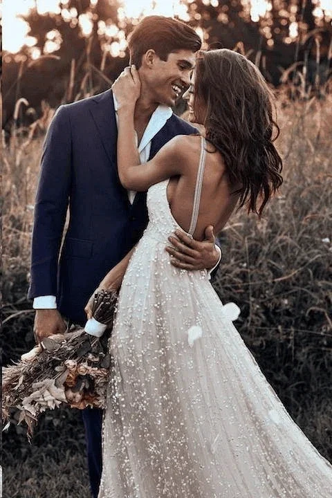 Straps Long Train A-line Lace Simple Rustic Backless Wedding Dress (ZD16243)