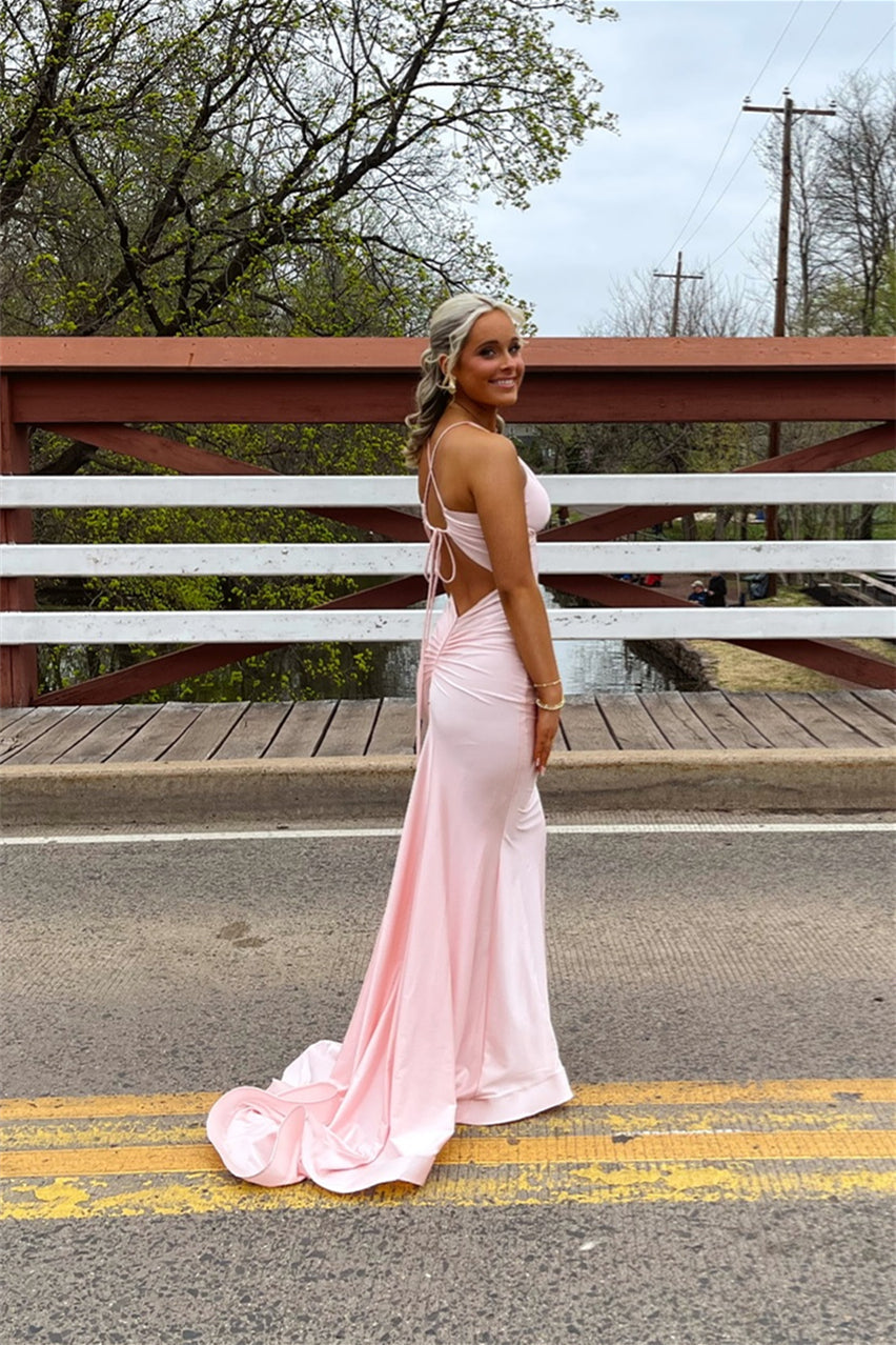Straps Pink Back Tie Mermaid Long Dress
