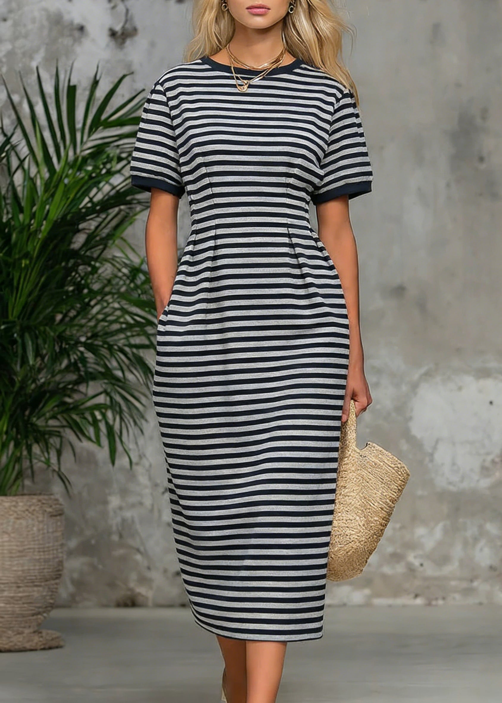 Striped Pockets High Waist Cotton Long Dress O Neck Summer