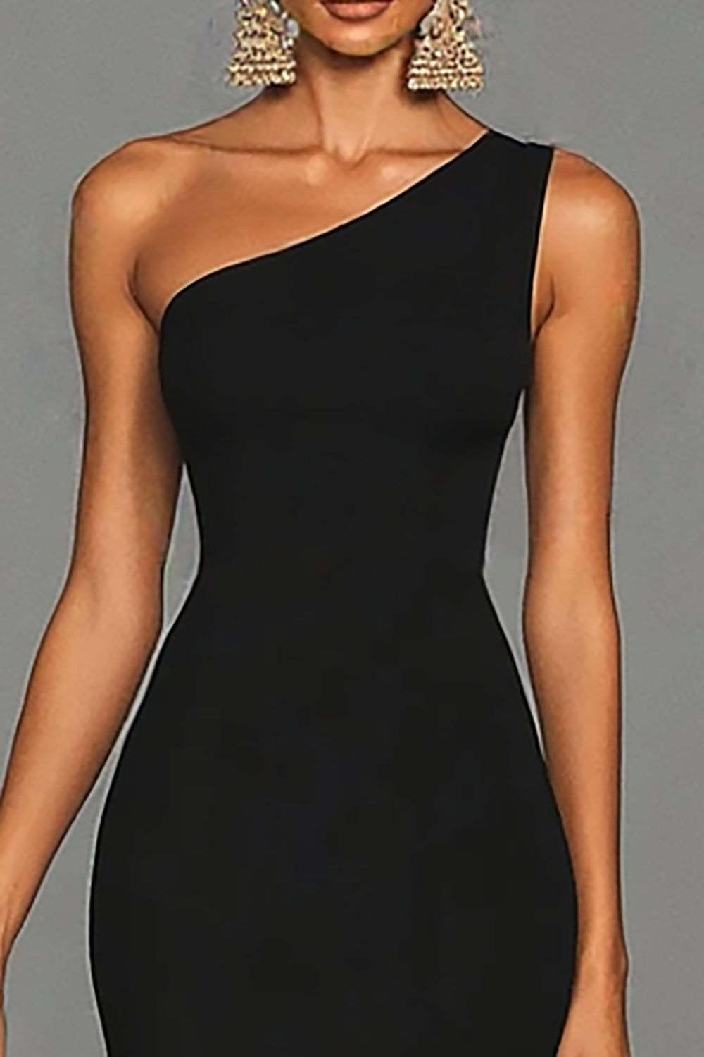 Suzhoufashion Stunning Black Mermaid One Shoulder Long Satin Prom Dress With Slit