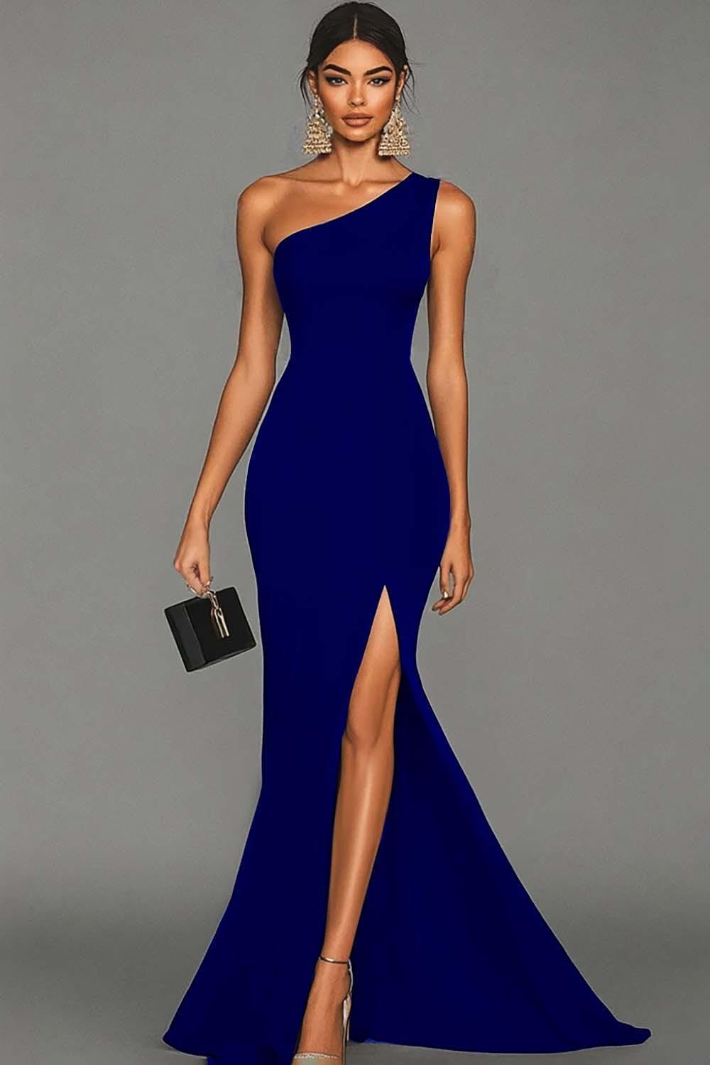 Suzhoufashion Stunning Black Mermaid One Shoulder Long Satin Prom Dress With Slit