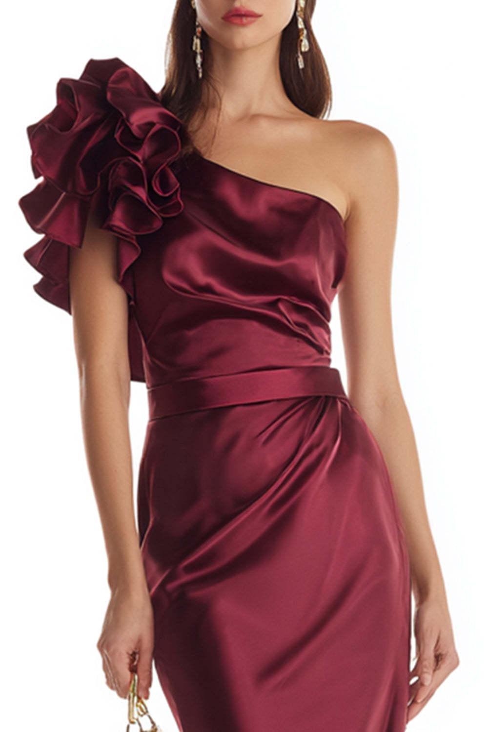 Suzhoufashion Stunning Burgundy One Shoulder Mermaid Long Satin Prom Dress With 3D Flower