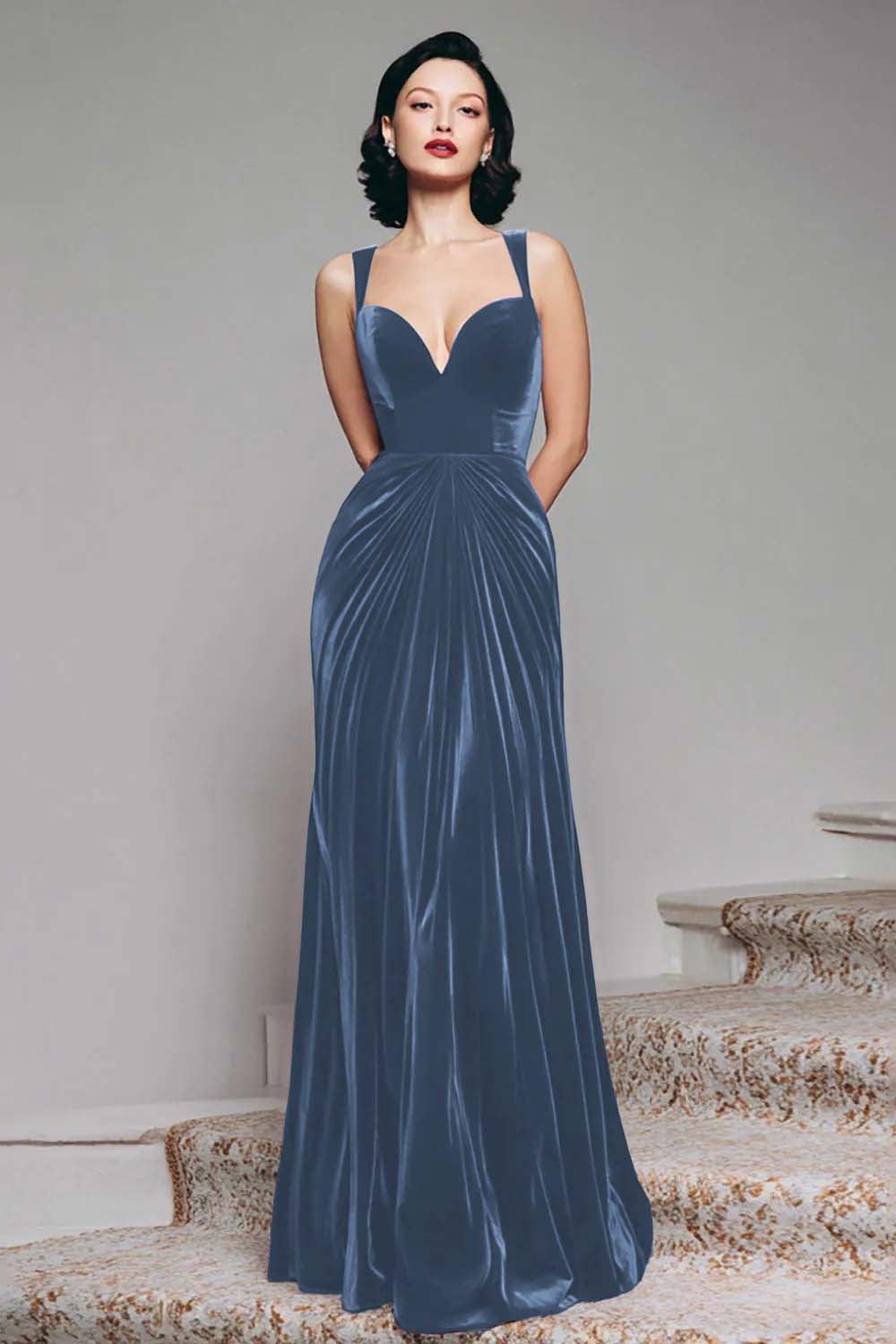Suzhoufashion Stunning Burgundy Velvet Mermaid Thick Straps Long Prom Dress